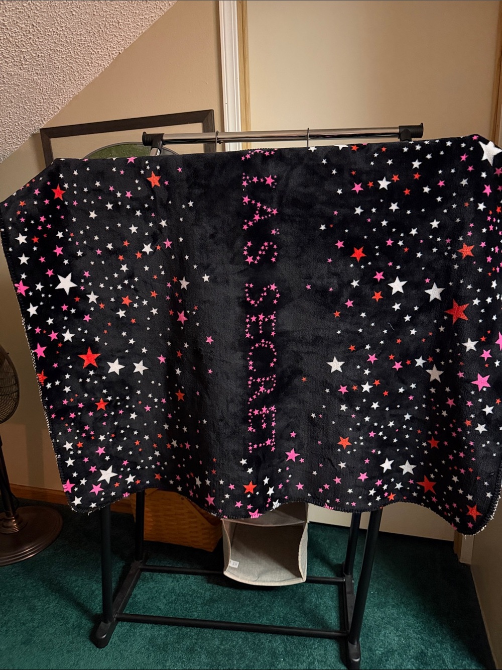 Victoria's Secret Black Star Print Plush Throw with Pink & Red Accents